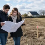 Couple étudiant des plans sur un terrain constructible pour évaluer le prix maison mikit