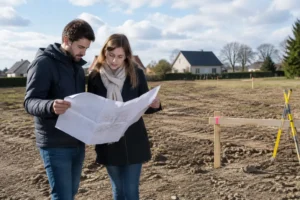 Couple étudiant des plans sur un terrain constructible pour évaluer le prix maison mikit