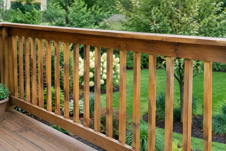 Espacement réglementaire des lisses verticales sur un garde-corps de terrasse en bois conforme.
