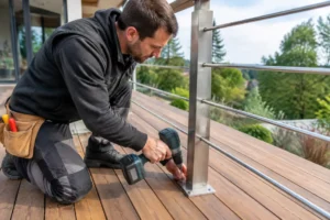 Installation d'une rambarde terrasse bois solide avec des fixations métalliques adaptées