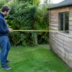 Propriétaire mesurant un abri de bois dans le cadre de la Reglementation abri de jardin