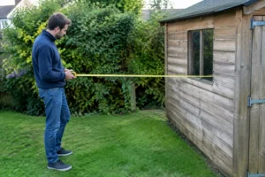Propriétaire mesurant un abri de bois dans le cadre de la Reglementation abri de jardin