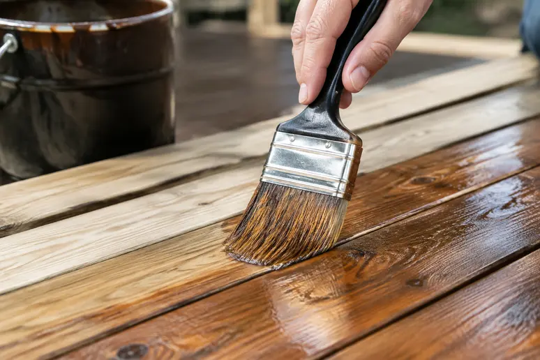 Application d'un saturateur terrasse bois au pinceau sur des lames horizontales.