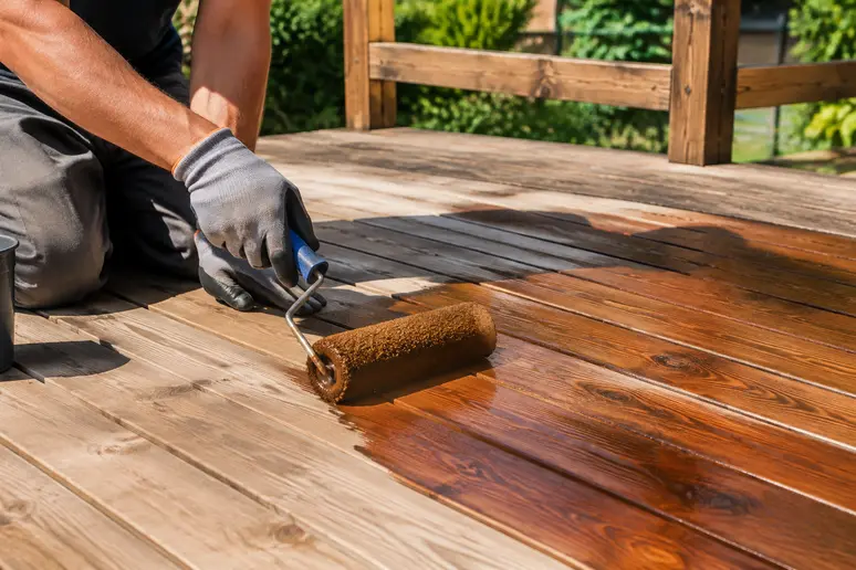 Technique d'application du saturateur sur une terrasse en bois sans surépaisseur.