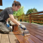 Application d'un saturateur terrasse bois à l'aide d'une large brosse sur une terrasse ensoleillée