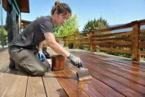 Application d'un saturateur terrasse bois à l'aide d'une large brosse sur une terrasse ensoleillée