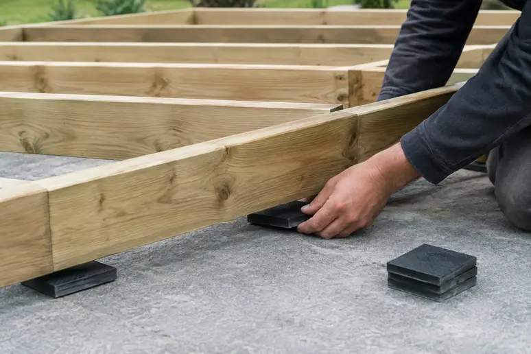 Pose de lambourdes en bois sur cales imputrescibles pour structurer une terrasse basse