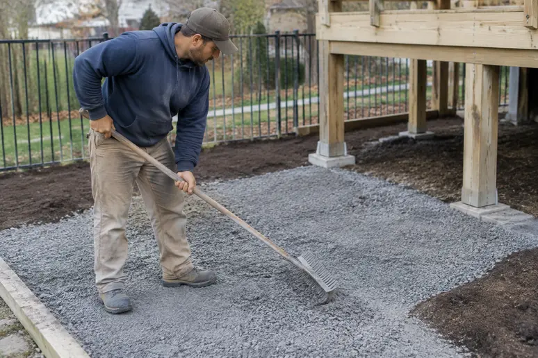 Stabilisation d'un sol en terre avec du gravier pour préparer la pose d'une structure de terrasse