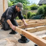 Installation minutieuse des lambourdes sur plots réglables pour la structure terrasse bois dans un jardin