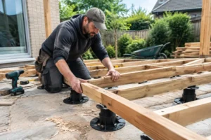 Installation minutieuse des lambourdes sur plots réglables pour la structure terrasse bois dans un jardin