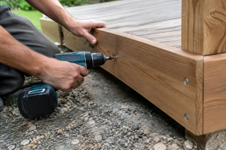 Pose de bandeaux de finition sur une terrasse en bois avec espace de drainage visible au sol