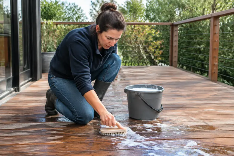 Nettoyage d'une terrasse en bois avec une brosse souple pour préserver la finition saturateur