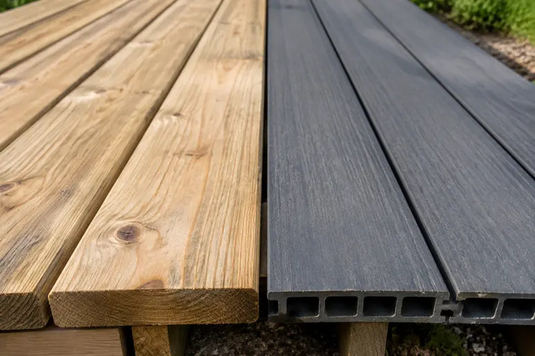 Échantillons de lames de terrasse en bois et en composite posés côte à côte en extérieur