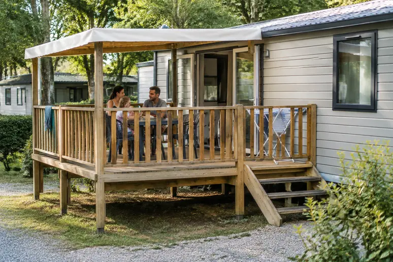 Terrasse surélevée en bois installée devant un mobil home dans un parc résidentiel