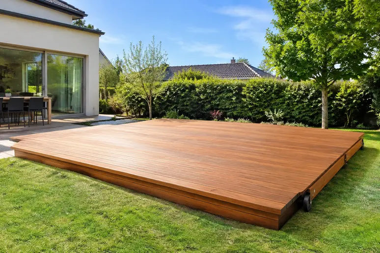 Terrasse mobile en bois installée pour couvrir un bassin de piscine extérieur