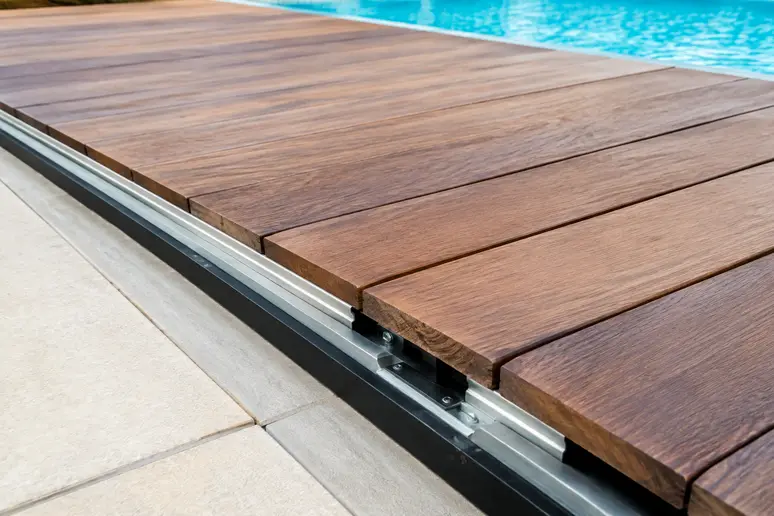 Platelage robuste d'une terrasse mobile supportant un usage léger au bord de la piscine