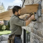 Installation d une structure de terrasse suspendue en bois fixée solidement au mur porteur