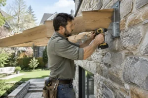 Installation d une structure de terrasse suspendue en bois fixée solidement au mur porteur