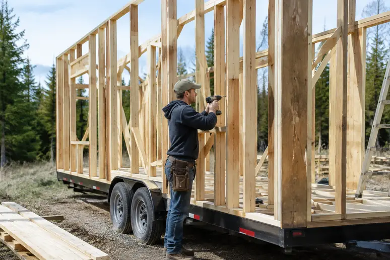 Autoconstruction d'une ossature en bois de tiny house sur remorque à l'extérieur