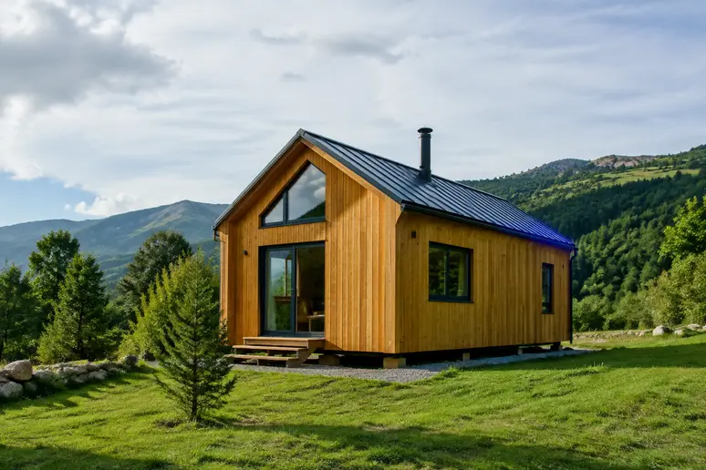 Tiny house installée sur une parcelle de terrain verdoyant en zone rurale