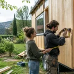 Un couple assemble les bardages en bois de leur projet de tiny house prix abordable.