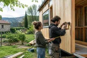 Un couple assemble les bardages en bois de leur projet de tiny house prix abordable.