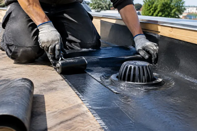 Raccord d'étanchéité autour d'une évacuation d'eau pluviale sur un toit terrasse bois.