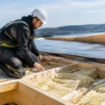 Un artisan inspecte l'isolation d'un toit terrasse bois en rénovation.
