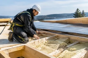 Un artisan inspecte l'isolation d'un toit terrasse bois en rénovation.